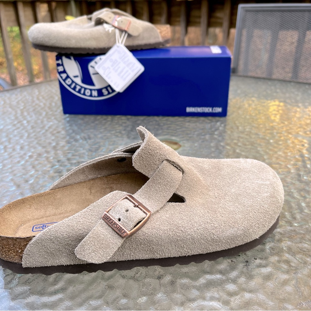 Birkenstock Boston, EU 39=8-8 1/2. Beautiful  Taupe Suede. Soft footbed. NIB